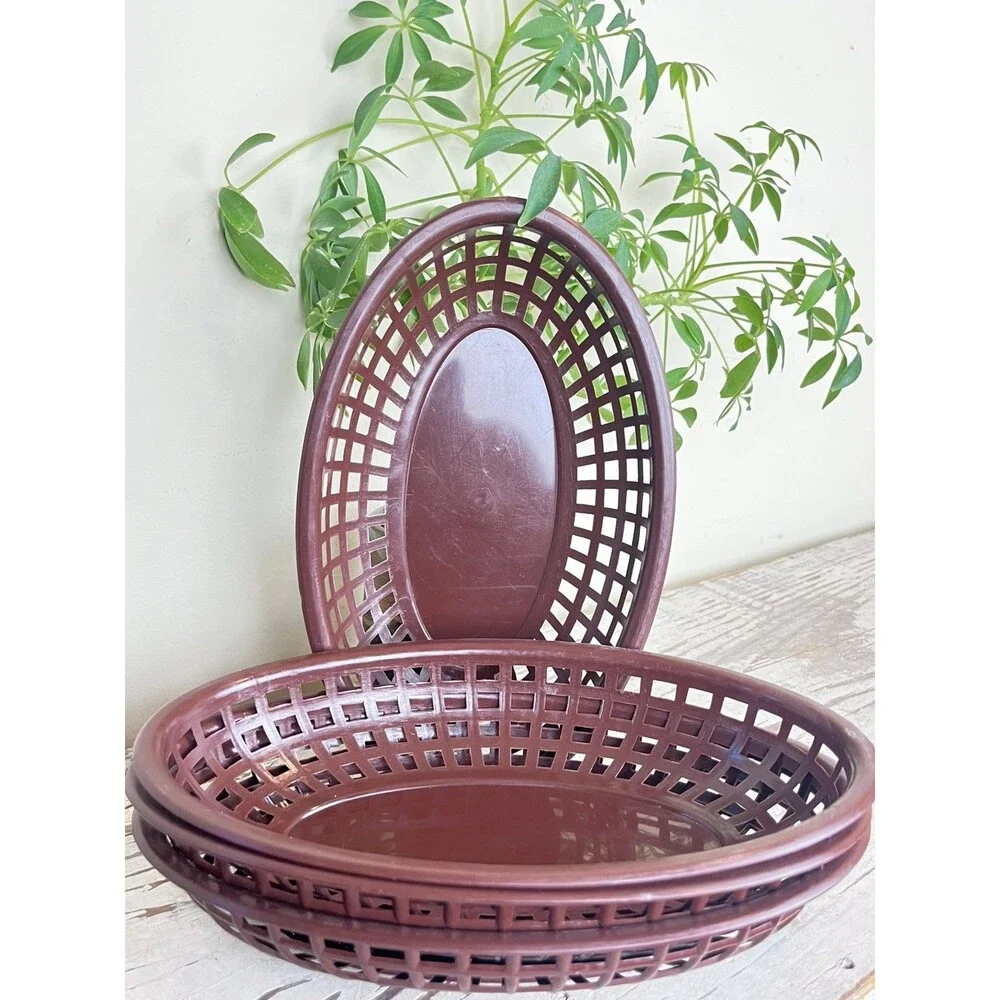 Vintage 1960s Brown Retro Plastic Oval Hamburger Frys Chip Serving Basket Taiwan
